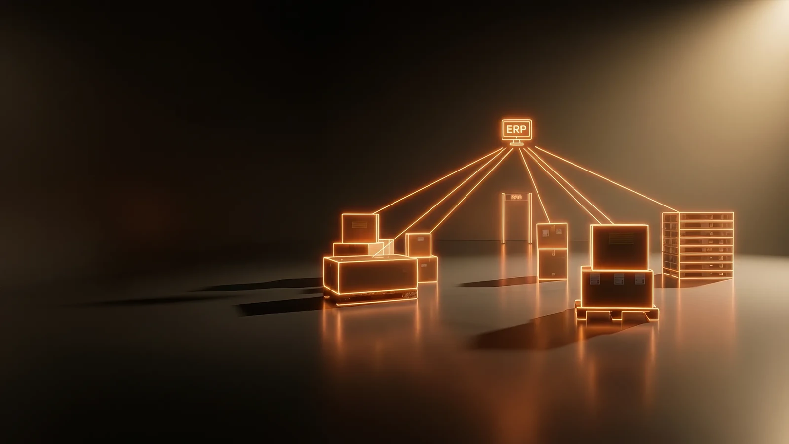 Illustration of an ERP node connected by light lines to tagged pallets and racks