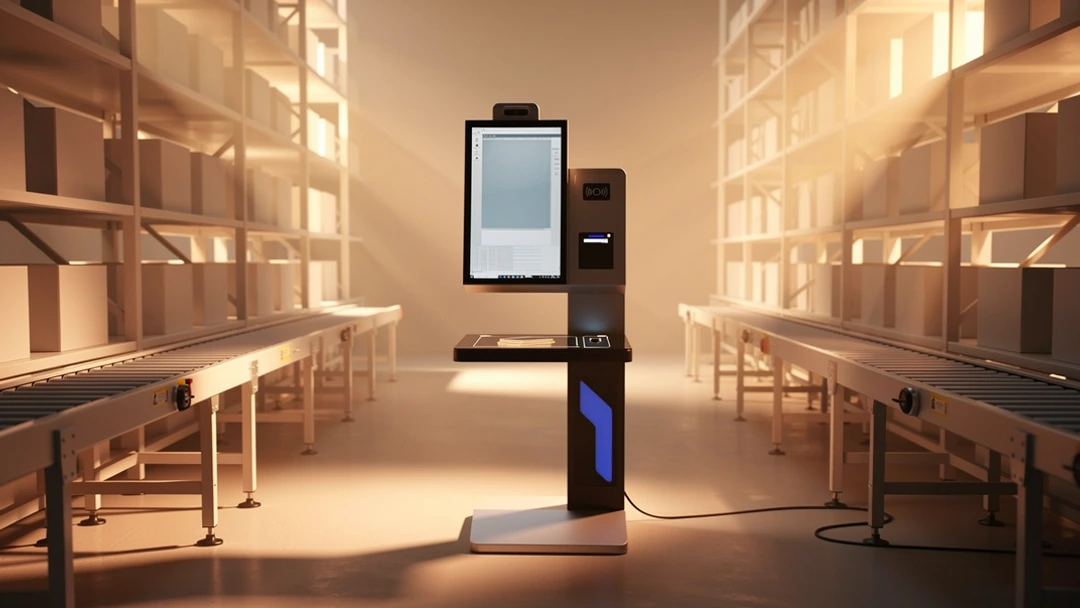 SMAVOO RFID Terminal with touchscreen and reader tray standing in a warehouse aisle