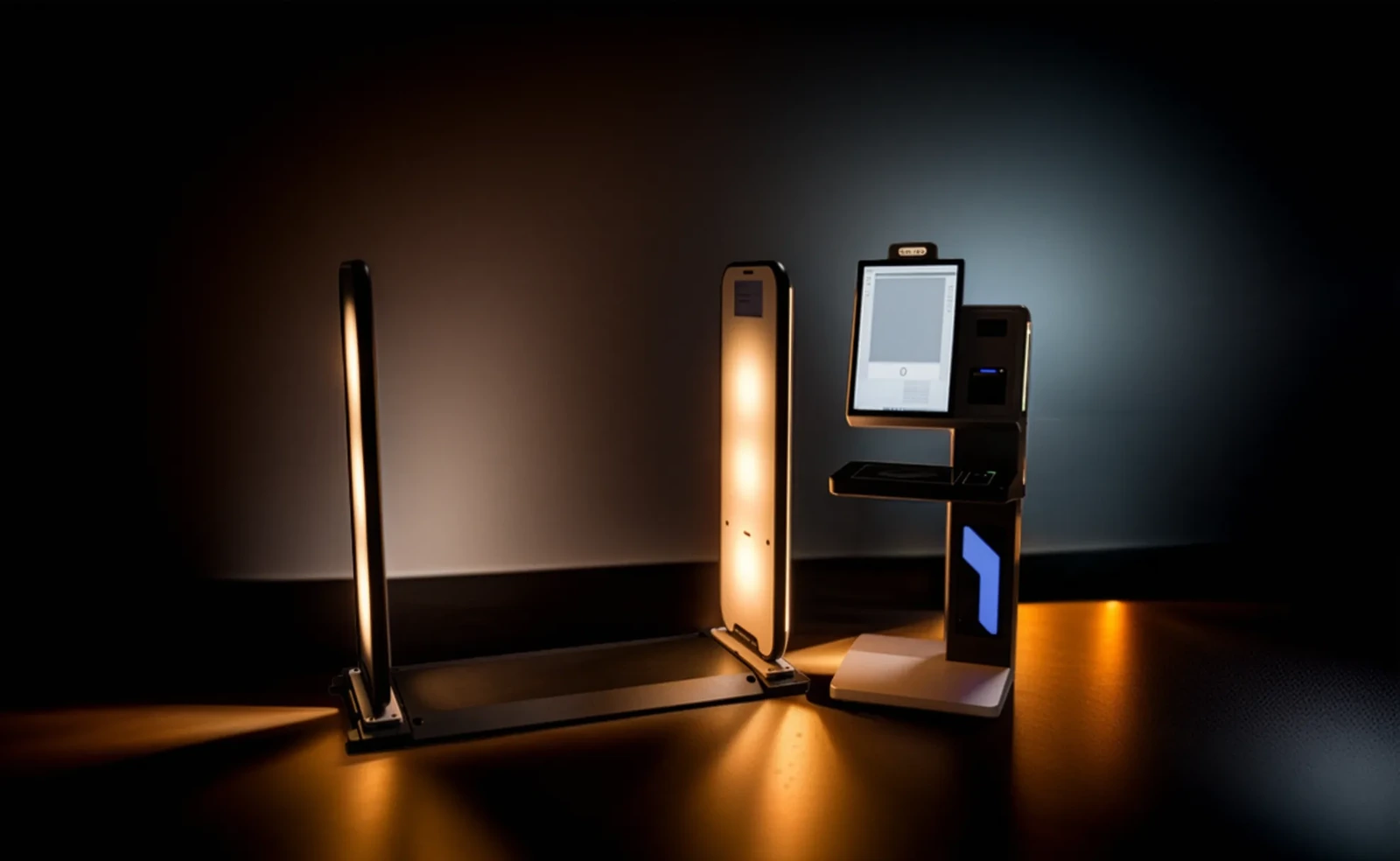 SMAVOO RFID Gate with antenna panels next to the self-service terminal in a dark studio