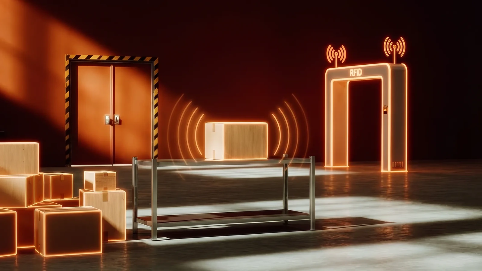 Illustration of a tagged box between an RFID gate and a dock door with radio waves shown as arcs