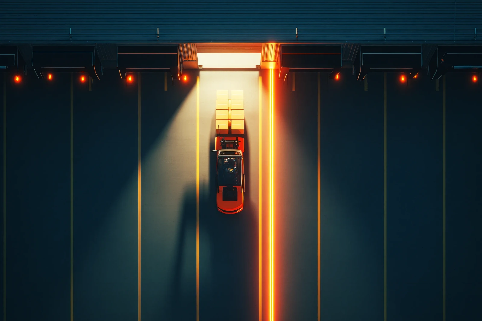 Truck backed into a lit loading dock seen from above, goods moving from dock to dispatch