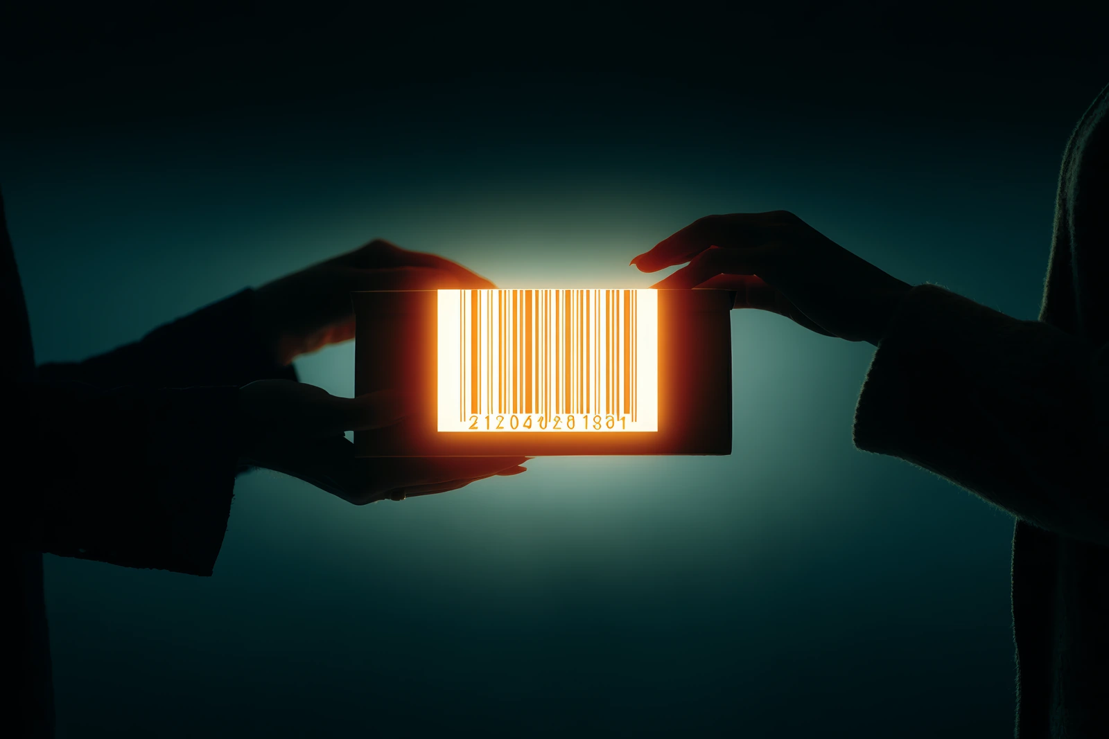 Two hands passing a box with a glowing barcode label, the identity of goods changing hands