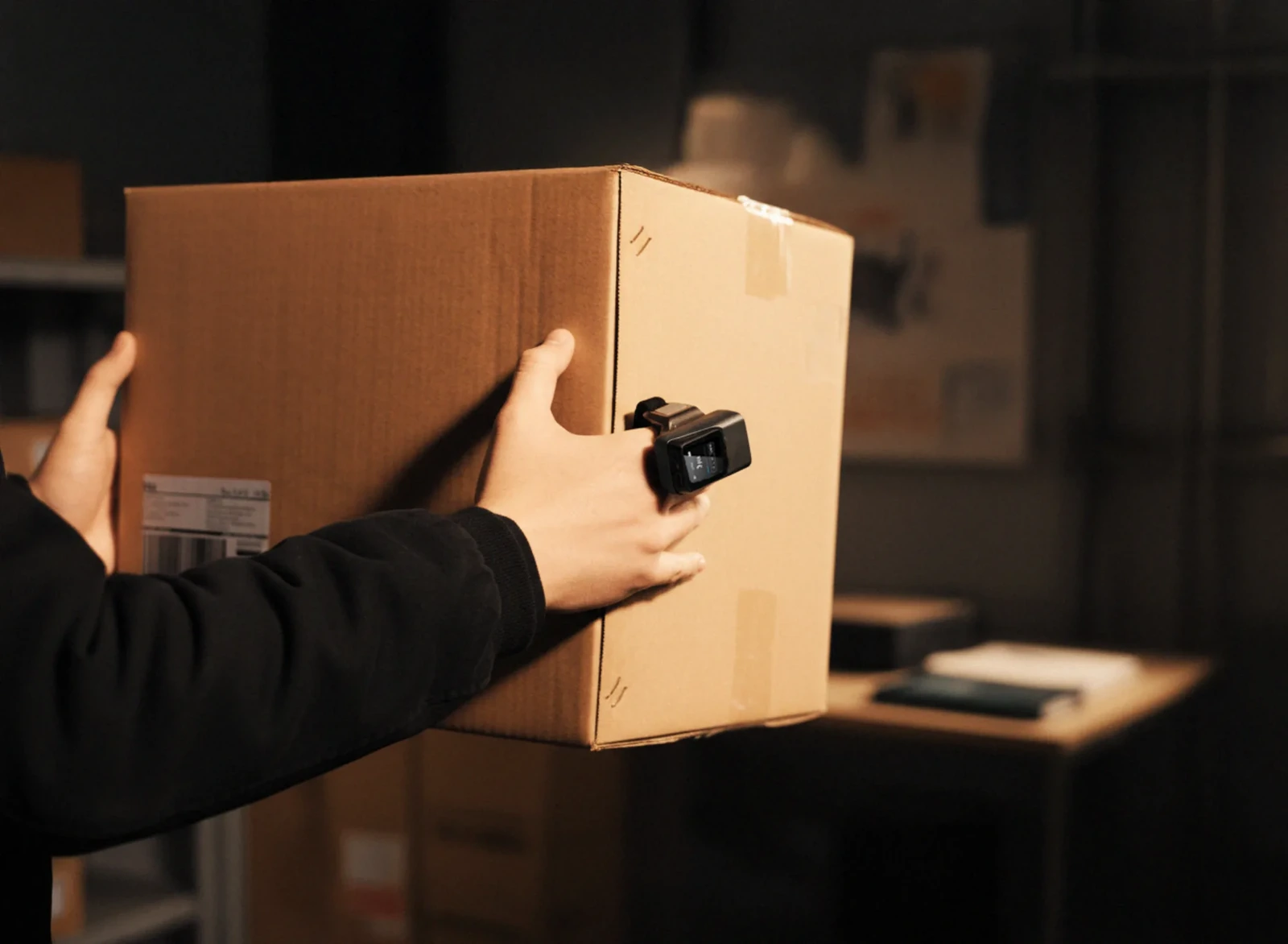 Hand mit SMAVOO WEAR Barcode Scanner hält einen Karton bei der Inventur im Lager
