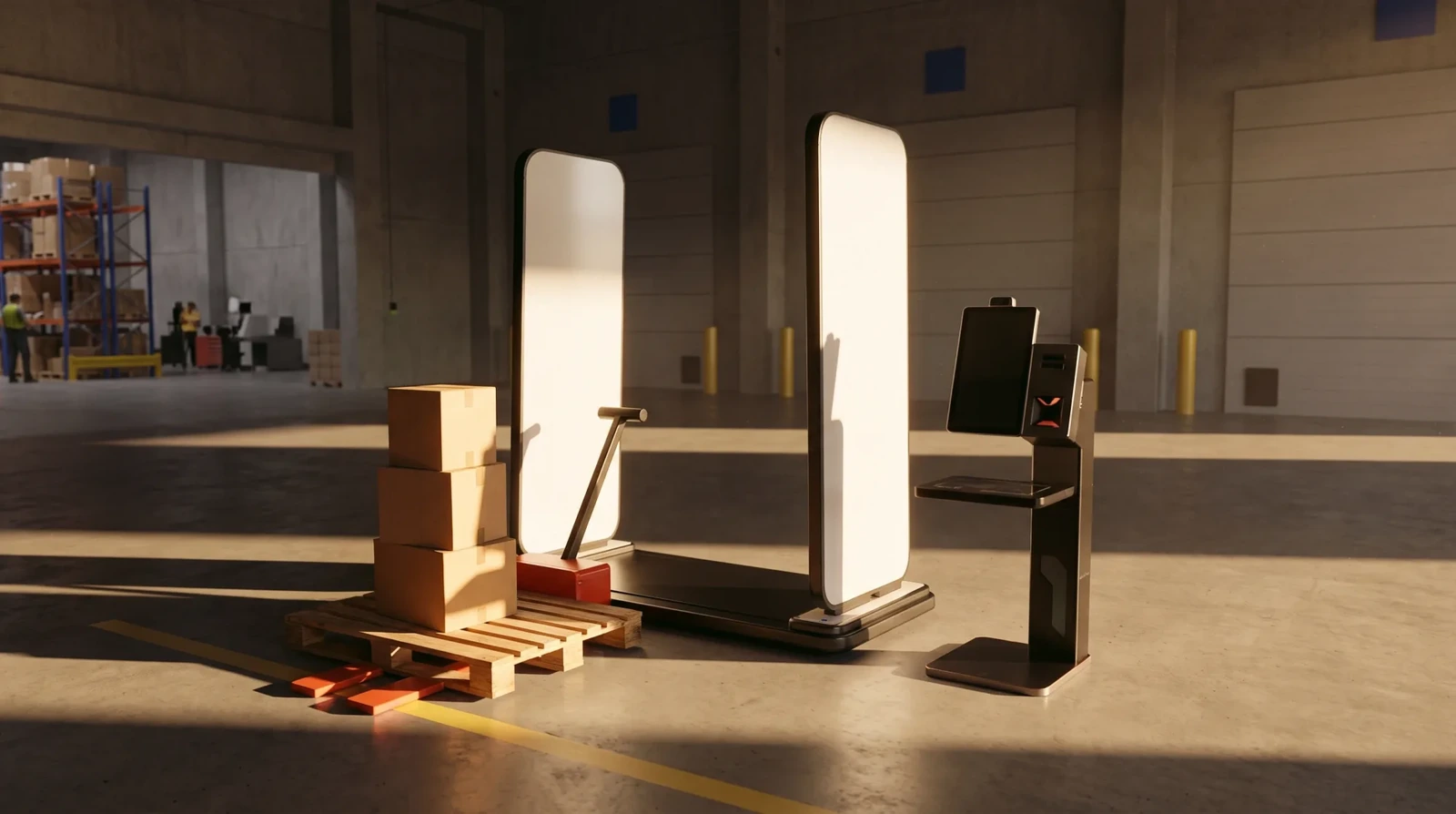 RFID gate with two antenna pillars and a self-service terminal at a dock door, a pallet with cartons ready to drive through