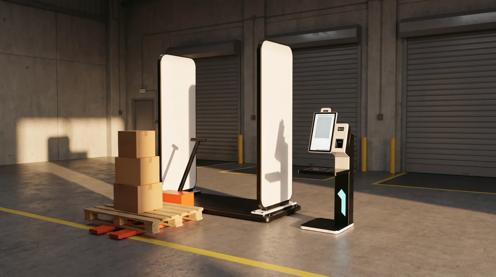 SMAVOO RFID gate and check-in terminal next to a loaded pallet in a goods receipt area with roller doors