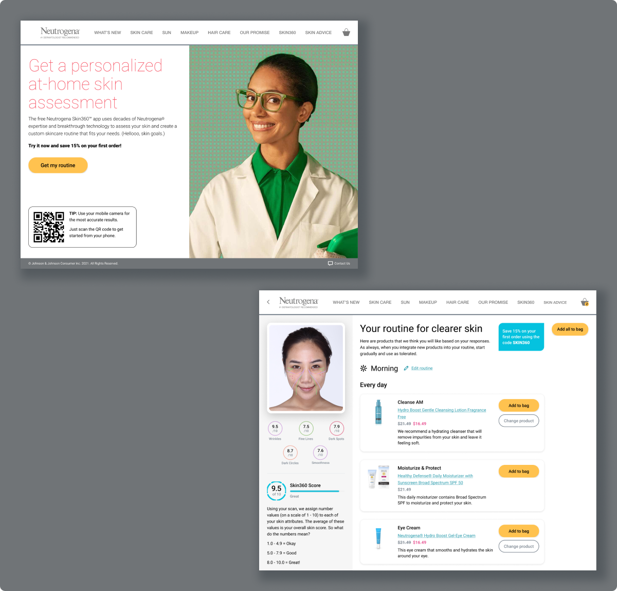 Snapshots of the landing screen showing the QR code that was added, and a portion of the routine screen with descriptions below products.