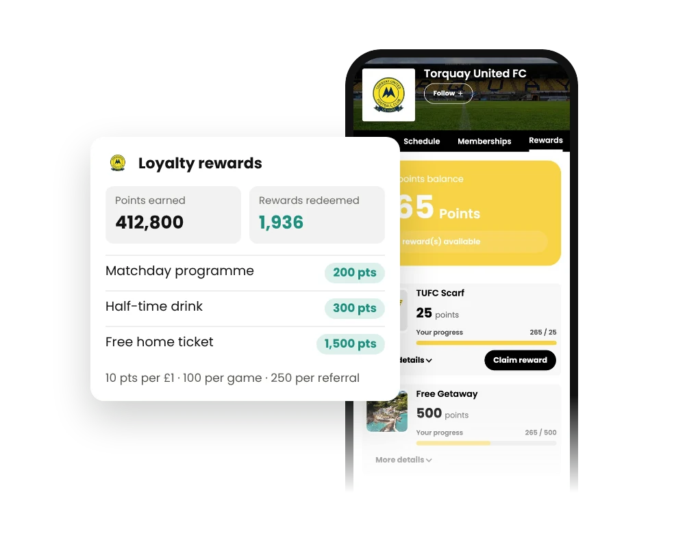 Fanbase Loyalty rewards settings next to a fan rewards screen in the app
