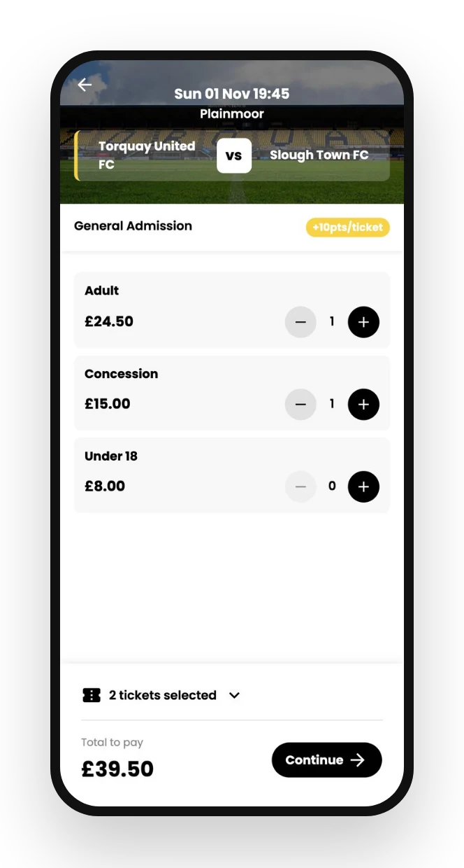 Selecting Adult and Concession tickets in the Fanbase app