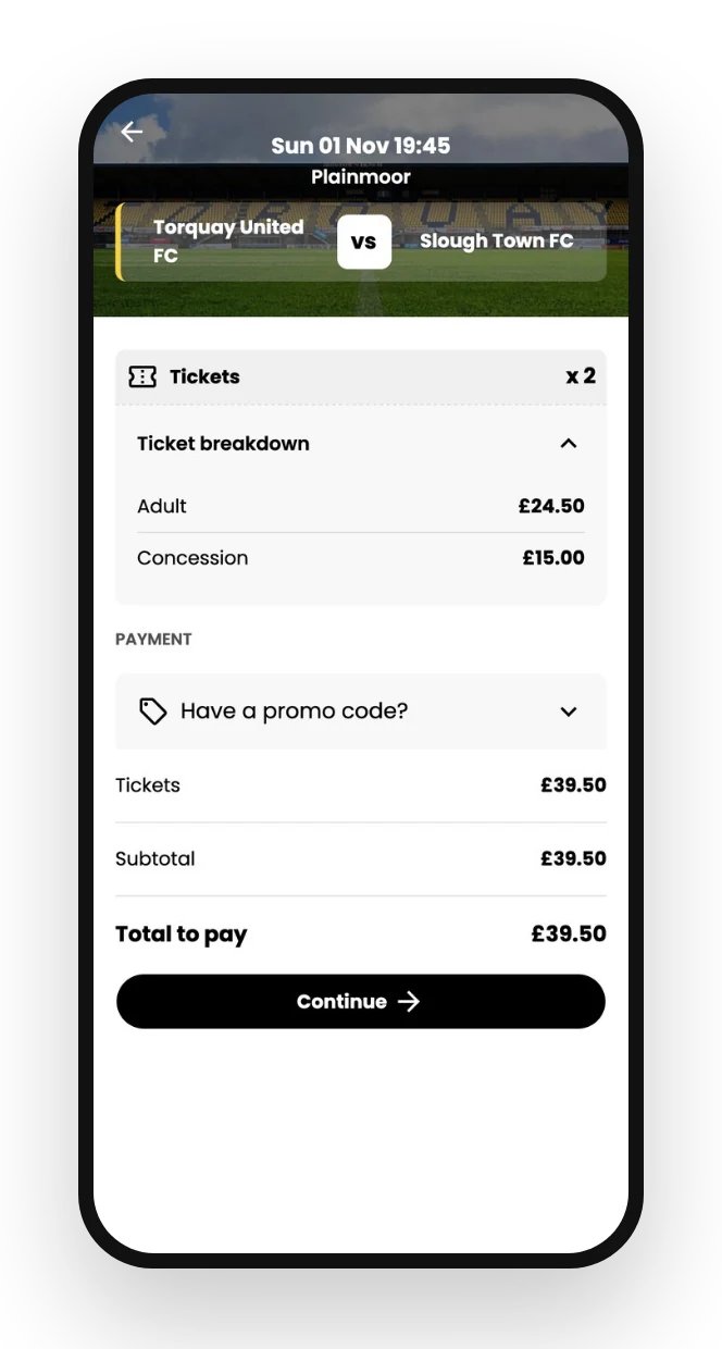 Checkout summary with total to pay in the Fanbase app