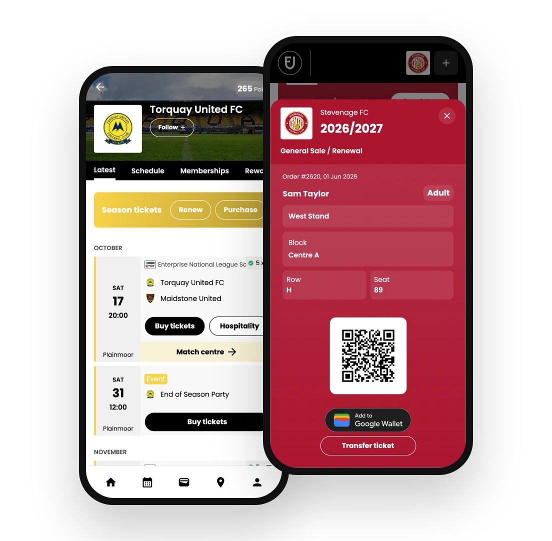 Torquay United club home and a Stevenage season ticket in the Fanbase app