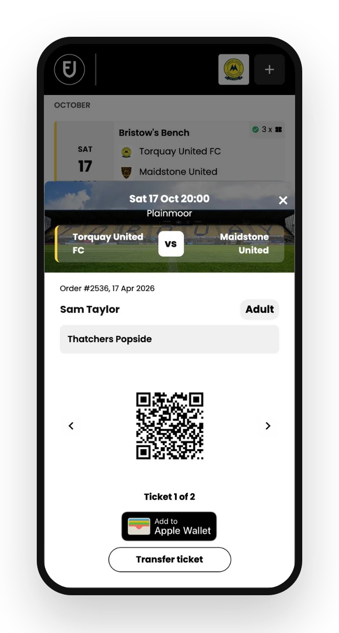 Match ticket in the Fanbase app with Add to Apple Wallet