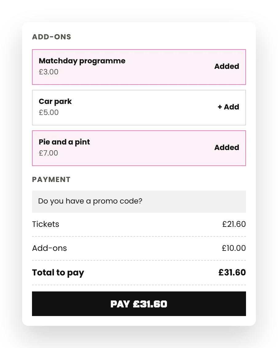 Fanbase checkout with matchday programme and food and drink add-ons