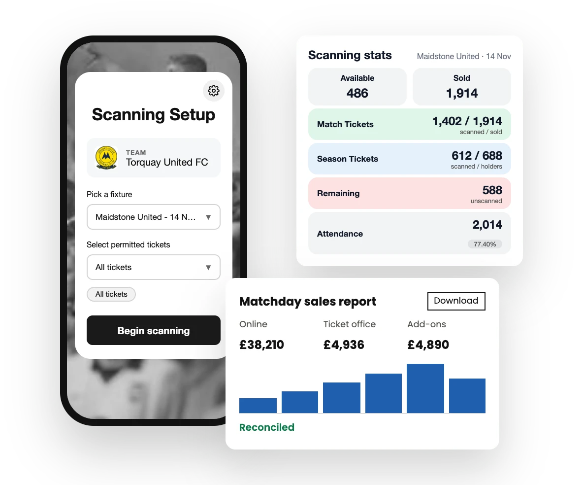 Fanbase Scan scanning setup, live scanning stats and matchday sales report