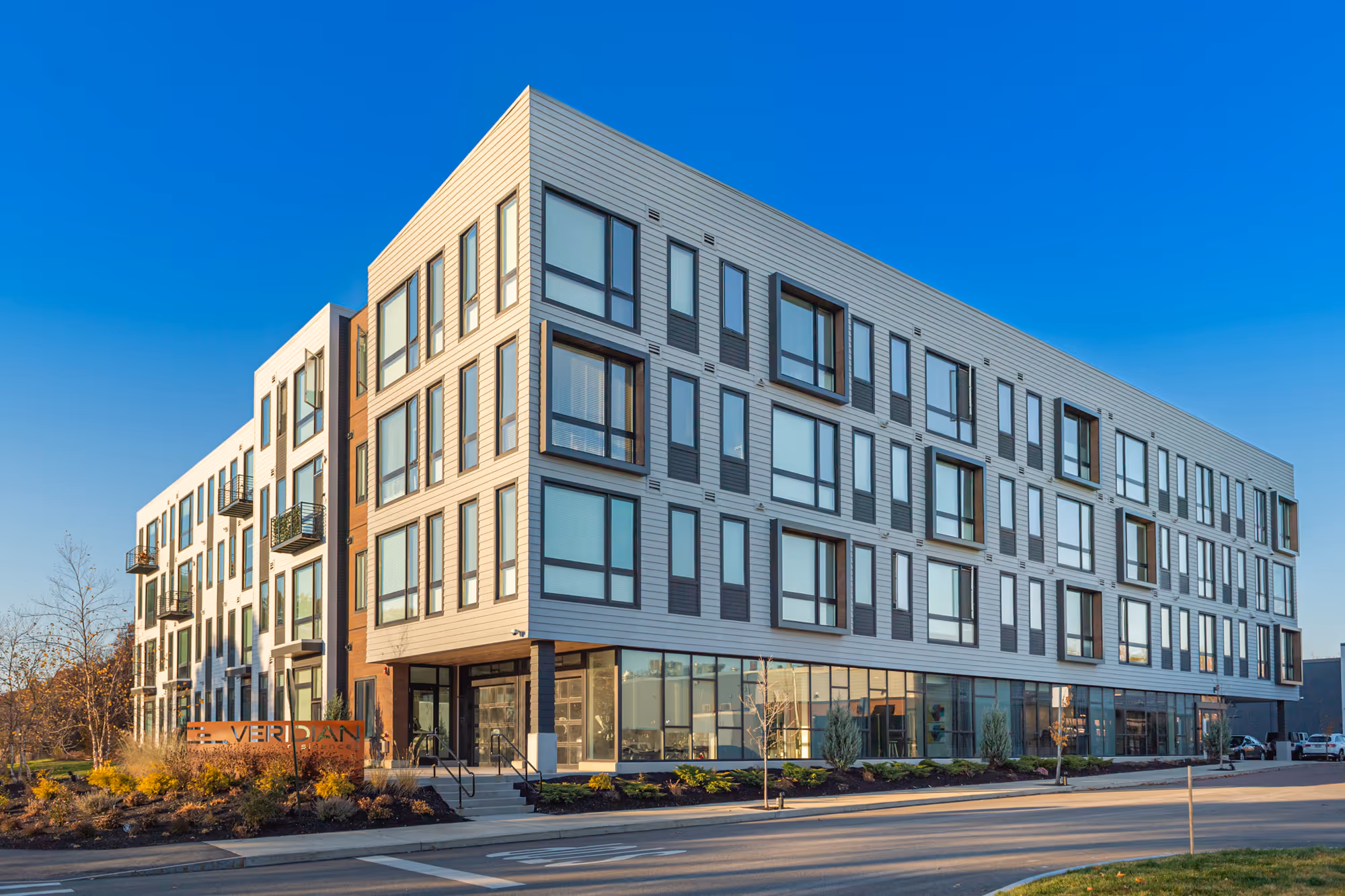 Exterior facade of the Veridian apartments in Portsmouth, NH.
