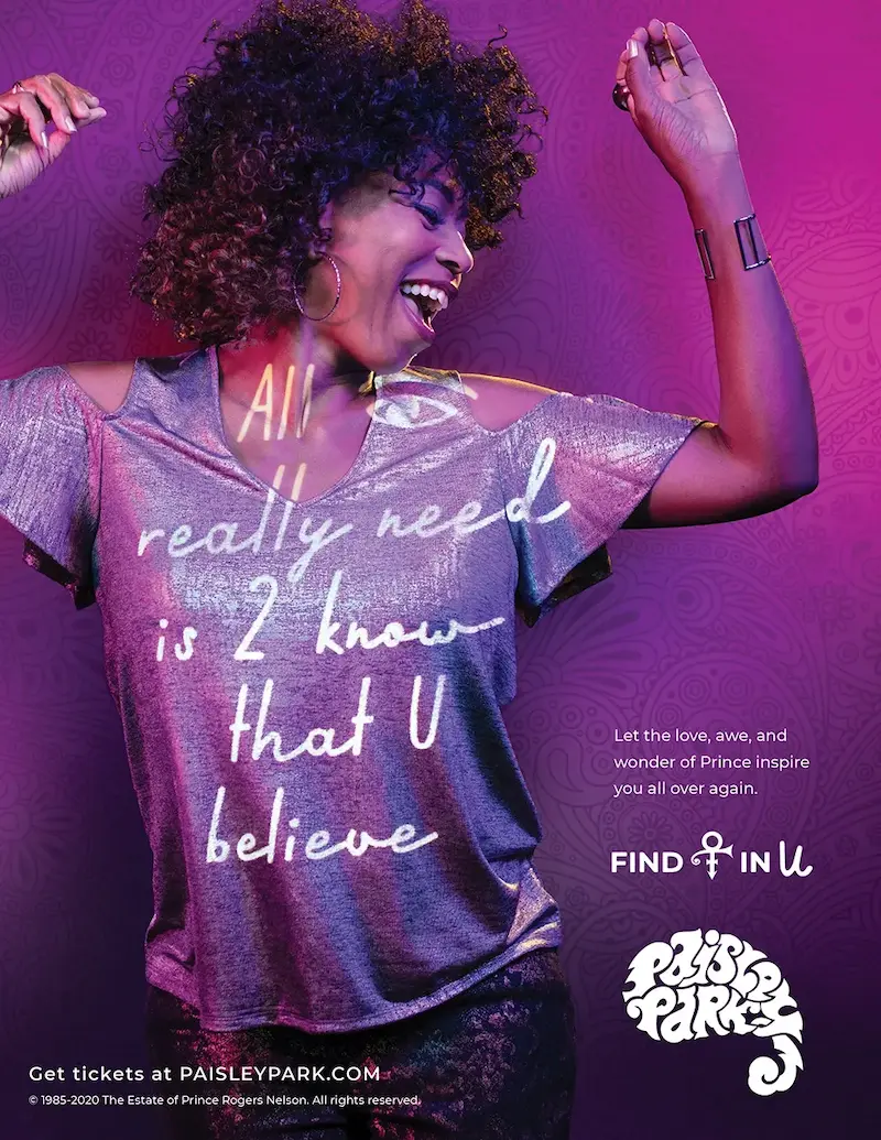 Smiling woman dancing under purple lighting with text overlay reading 'All I really need is 2 know that U believe' and Paisley Park promotional details.