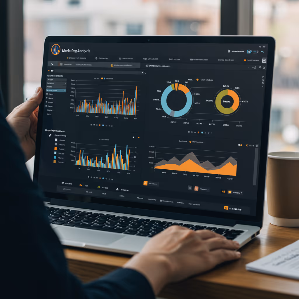 Person using a laptop displaying a marketing analytics dashboard with bar charts, pie charts, and line graphs.