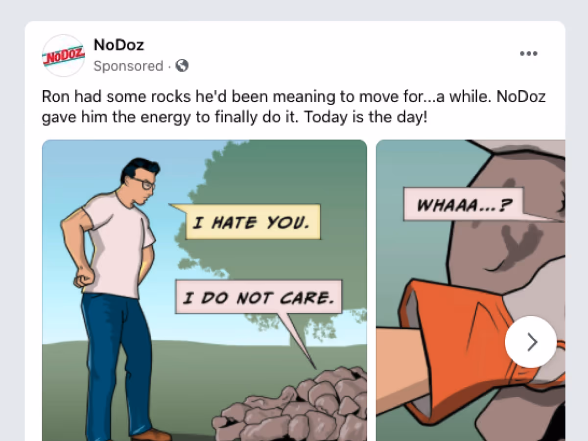 Comic strip featuring a man standing with hands on hips facing a pile of rocks; speech bubbles show the man saying "I HATE YOU." and the rocks replying "I DO NOT CARE."