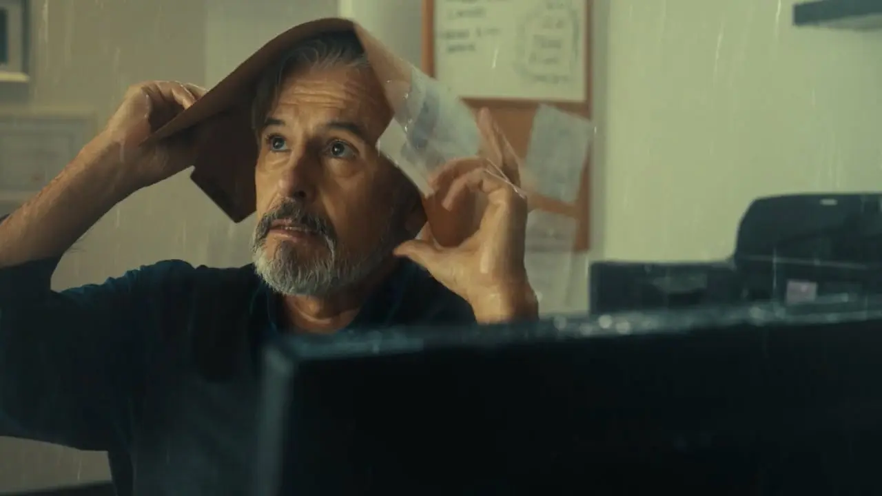 Man with gray beard holding a folder over his head as rain falls inside an office.