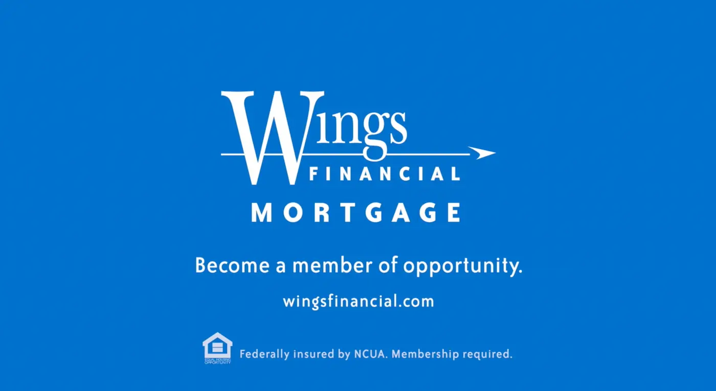Wings Financial Mortgage logo with text 'Become a member of opportunity' and website wingsfinancial.com on blue background.