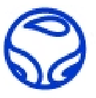 Symbole bleu stylisé représentant un cercle composé de formes arrondies et courbes.