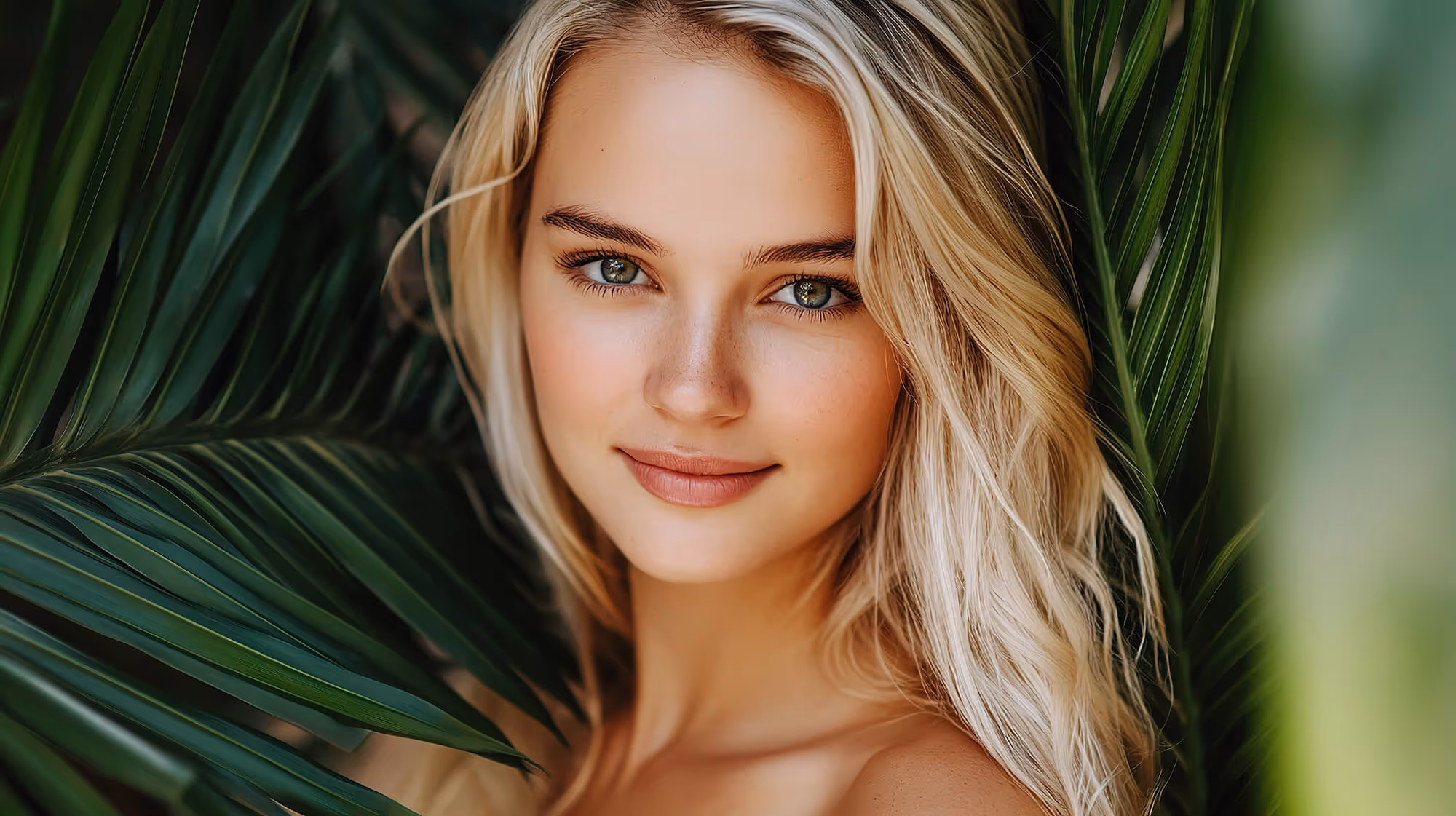 A beautiful blond woman with blue eyes posing for a picture.