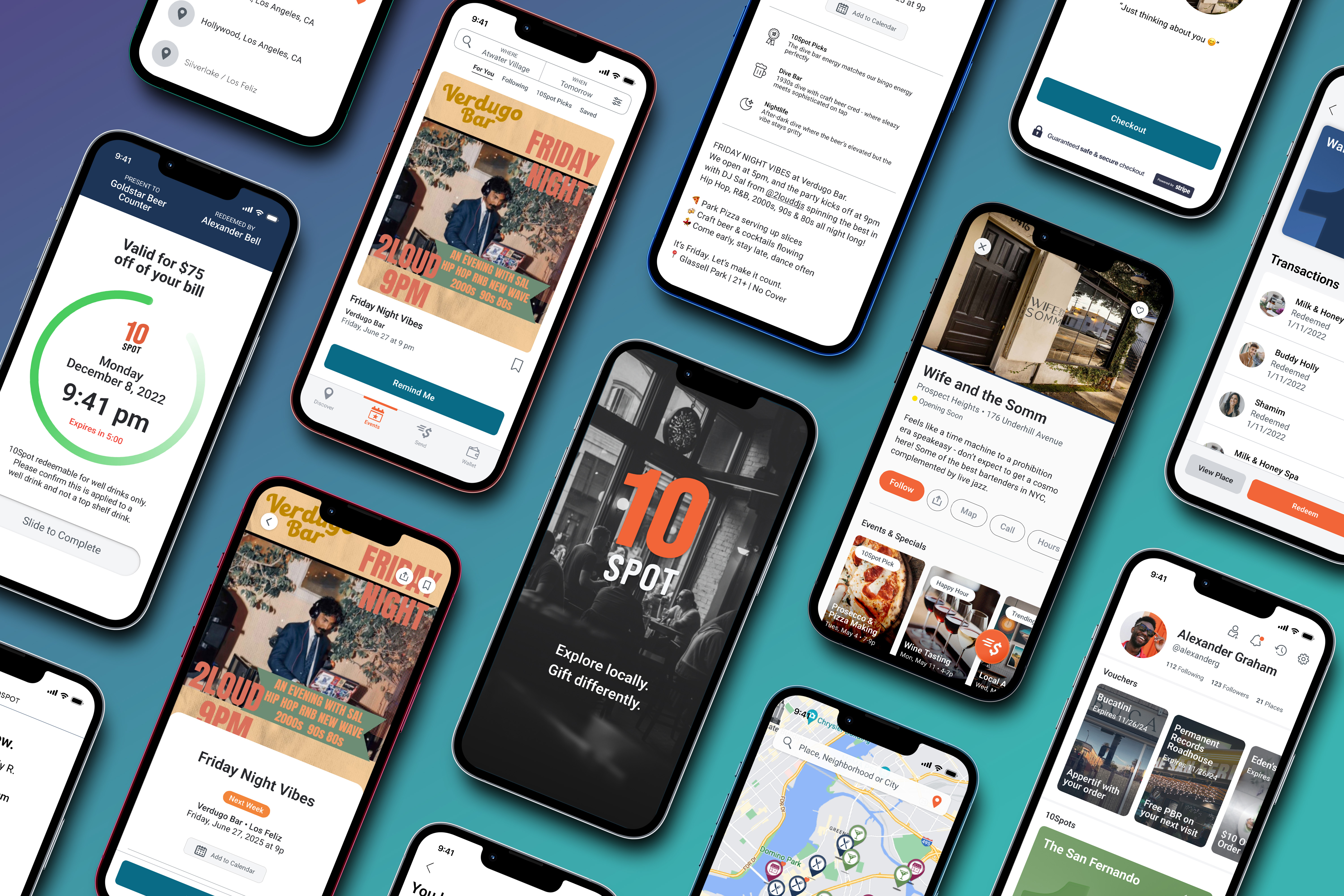 Multiple smartphones displaying the 10SPOT app with event details, offers, maps, user profile, and bar promotions.