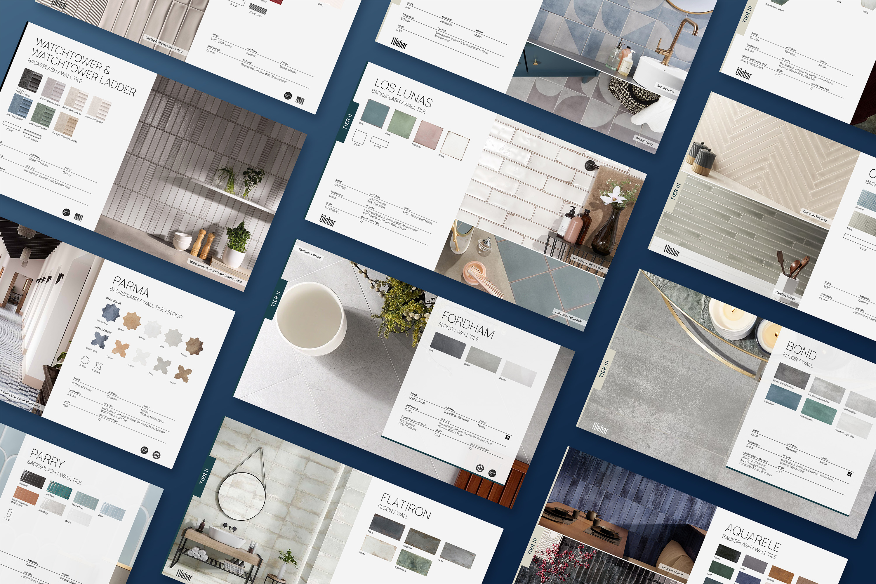 Collage of tile product sheets and photos showcasing various wall and floor tile designs and colors.