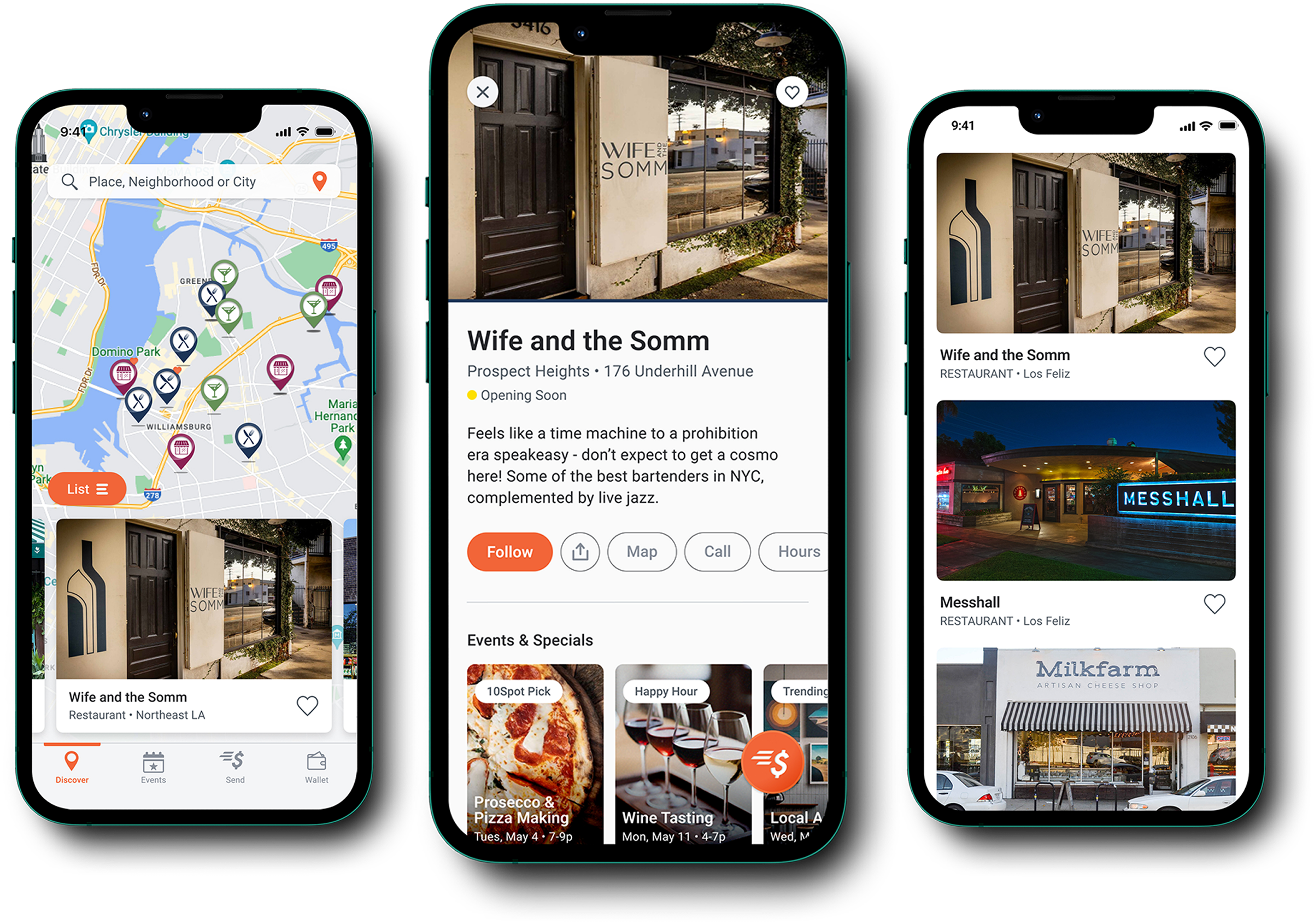 Image of three iphone screens. 1 showing the 'discovery' screen of the 10Spot app with a map view and horizontal scrolling carousel of places. 2 displays a detailed look at a place, featuring an image and description. 3 shows a vertical feed of the places.