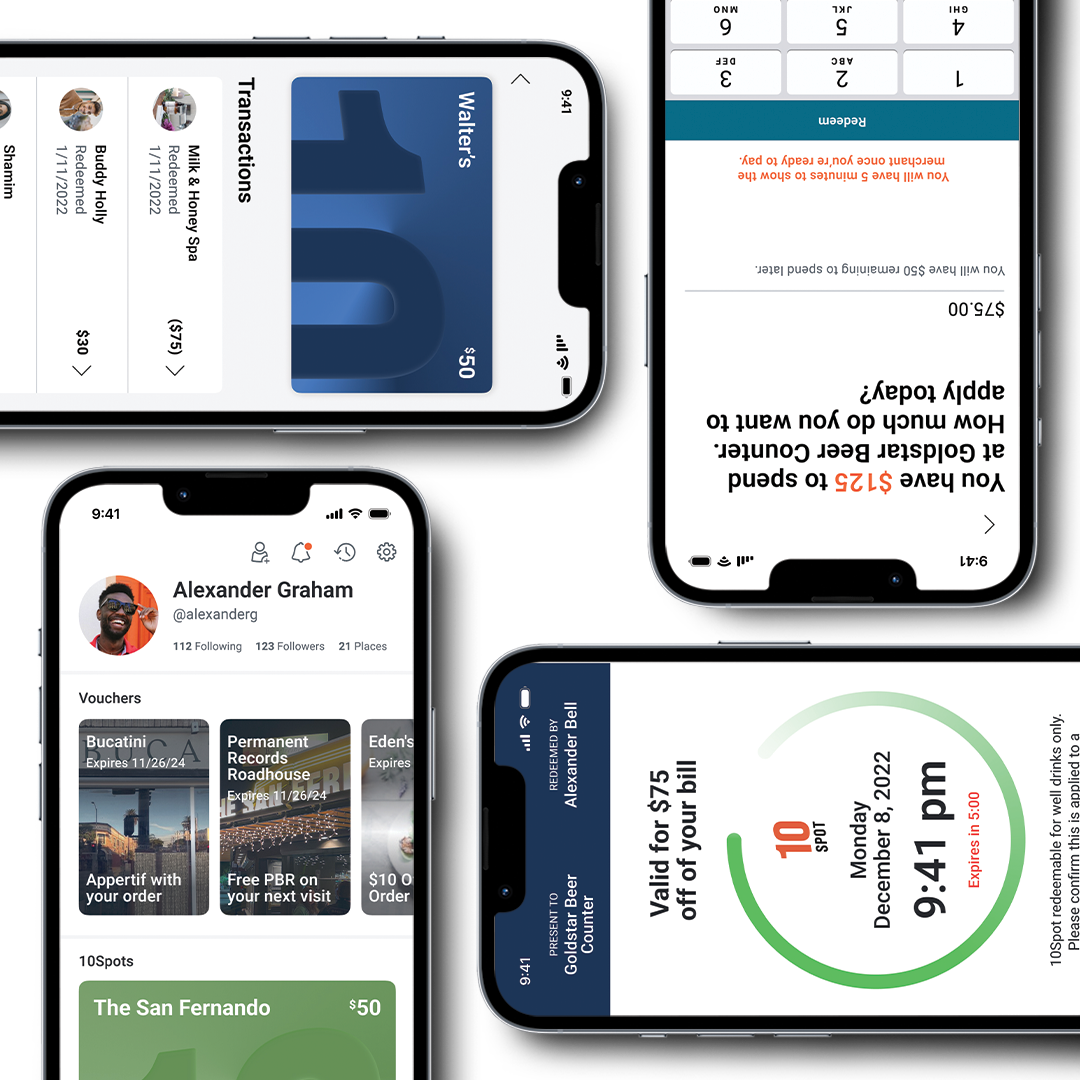 Image of 4 phone screens each showing a different point of interaction within the wallet section of the 10Spot app.
