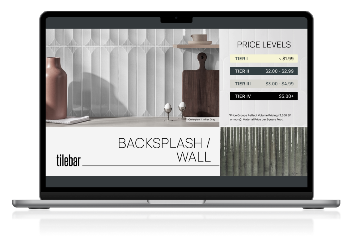 Image of an apple laptop with an image of a table of contents for the backsplash and wall section of a a tile catalog with price level breakdown