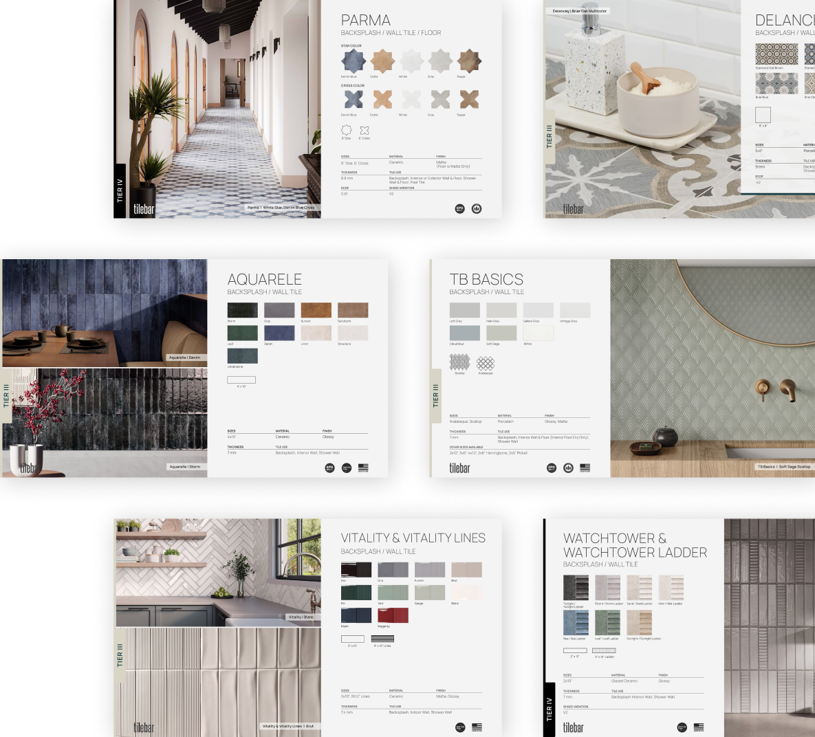 Collage of tile catalogs showing various backsplash and wall tile collections with sample colors, patterns, and room settings.