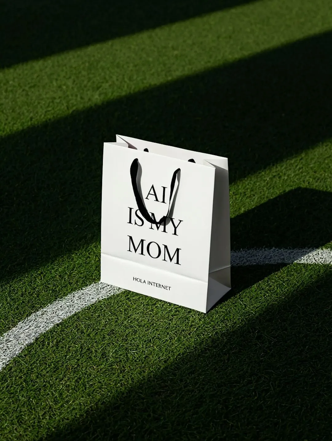 A shopping bag sitting on top of a green field.
