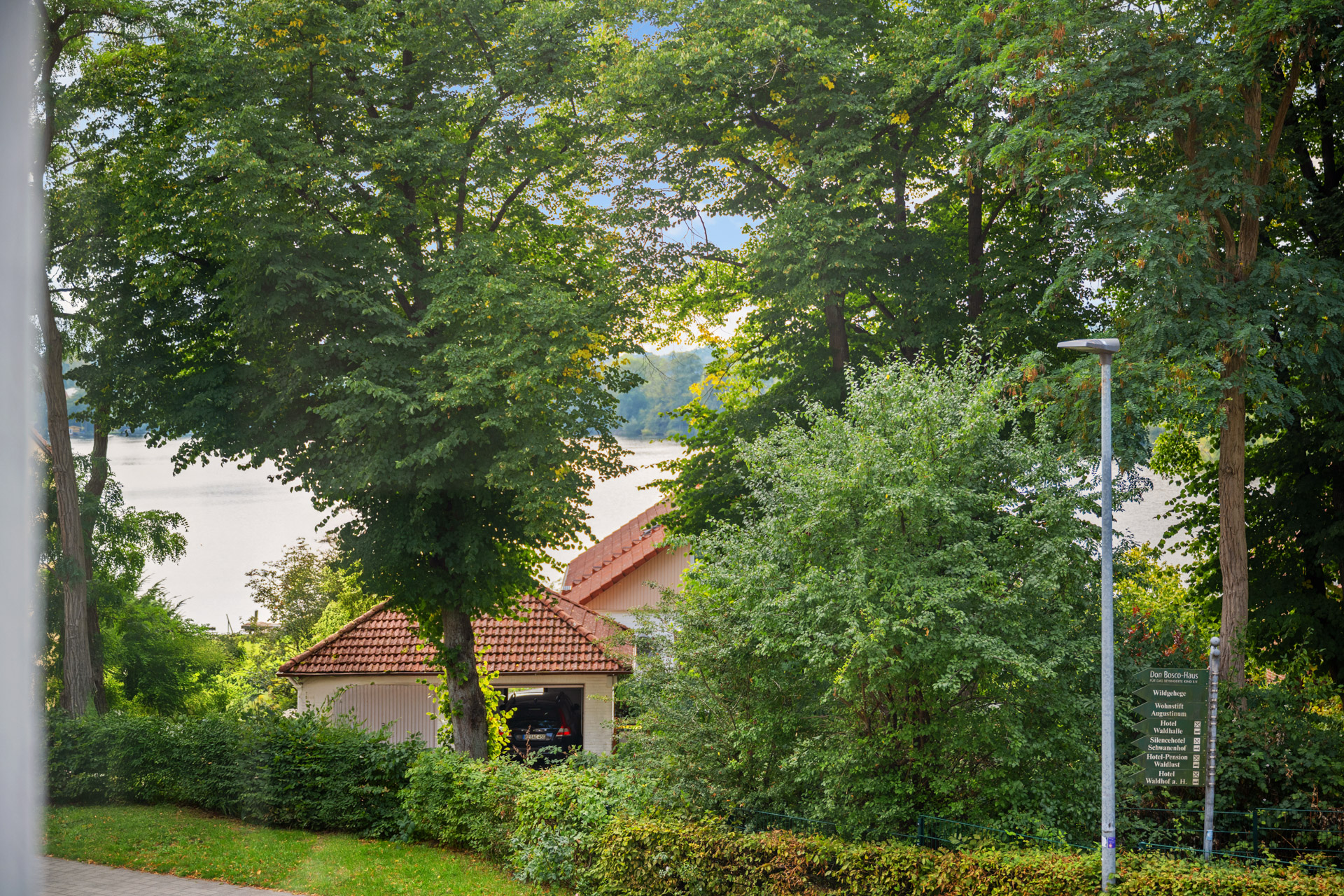 Ausblick der Ferienwohnung Sperling auf Bäume und ein Nachbarhaus