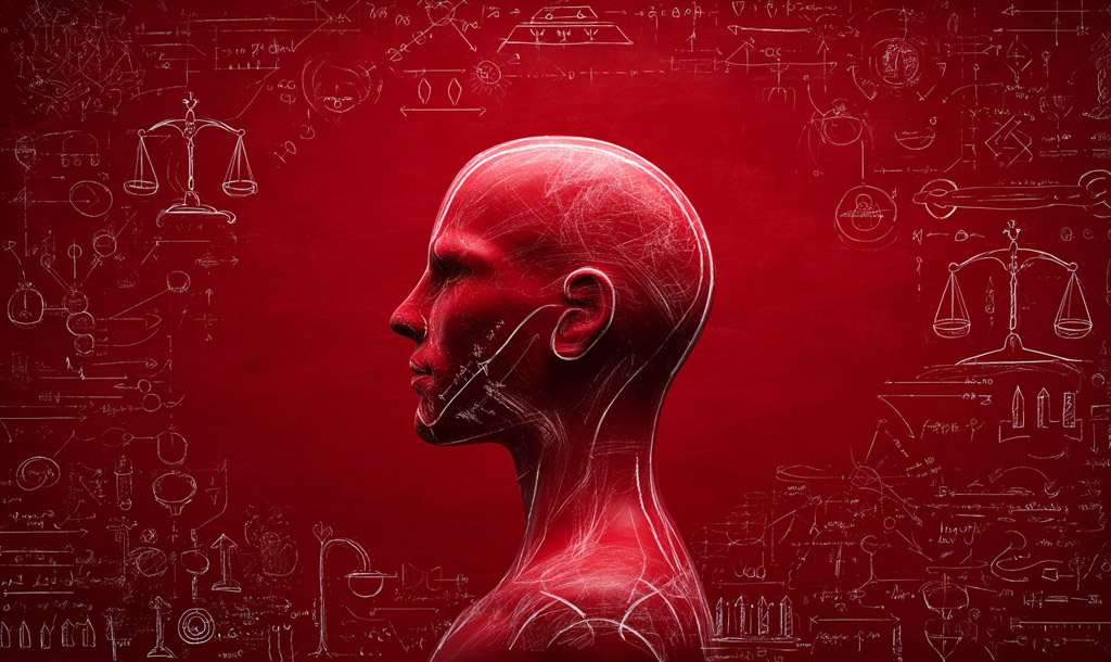 Side profile of a stylized humanoid figure with a transparent, anatomical design, set against a deep red background filled with white technical, scientific, and legal diagrams, symbolizing artificial intelligence, ethics, and interdisciplinary analysis.