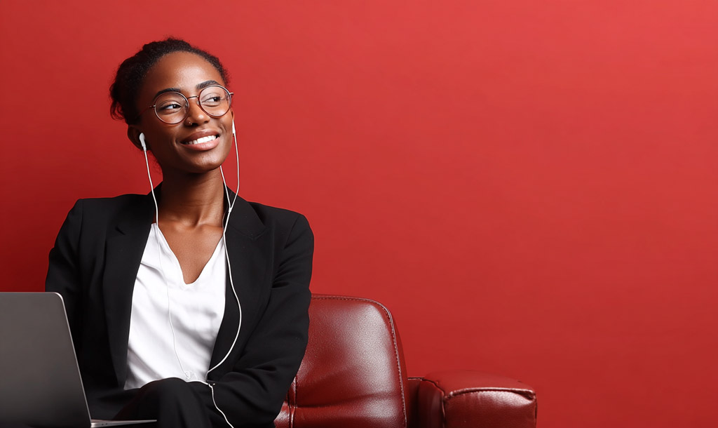 Professional Black woman in business attire, smiling confidently while wearing earphones and sitting on a leather chair with a laptop, against a solid red background.