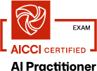 AICCI Certified AI Practitioner logo featuring a red abstract swirl symbol with text.