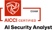 AICCI Certified AI Security logo featuring a red abstract swirl symbol with text.