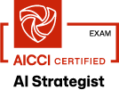 AICCI Certified AI Strategist logo featuring a red abstract swirl symbol with text.