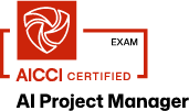 AICCI Certified AI Project Management logo featuring a red abstract swirl symbol with text.