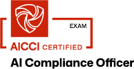 AICCI Certified AI Compliance Officer logo featuring a red abstract swirl symbol with text.