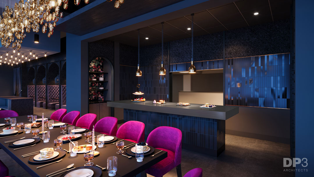 A realistic rendering of The Black Sheep's chef's table featuring bright pink seating in a black room
