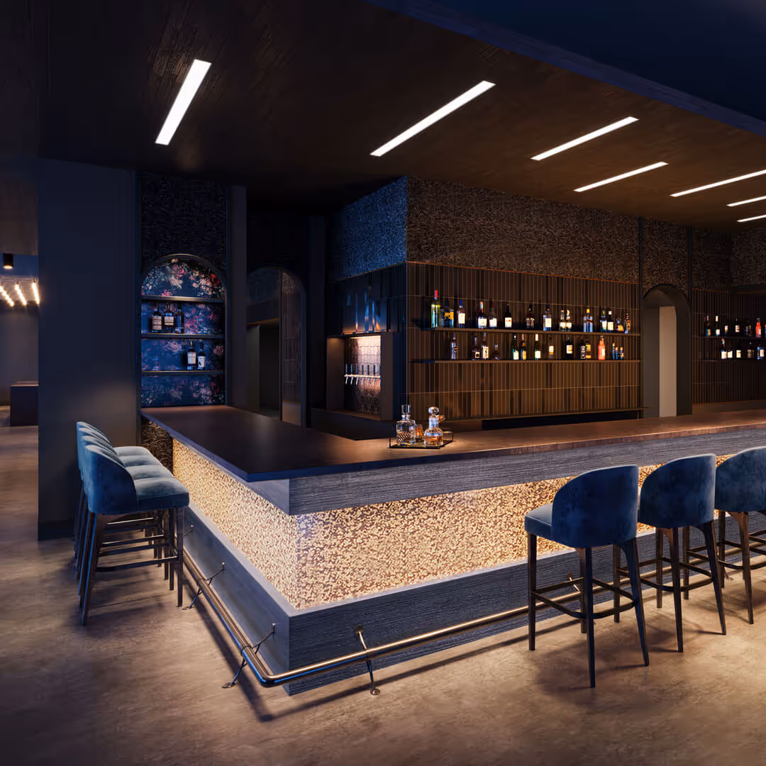 A realistic rending of The Black Sheep's bar with black, tiled walls and dramatic, under-bar lighting