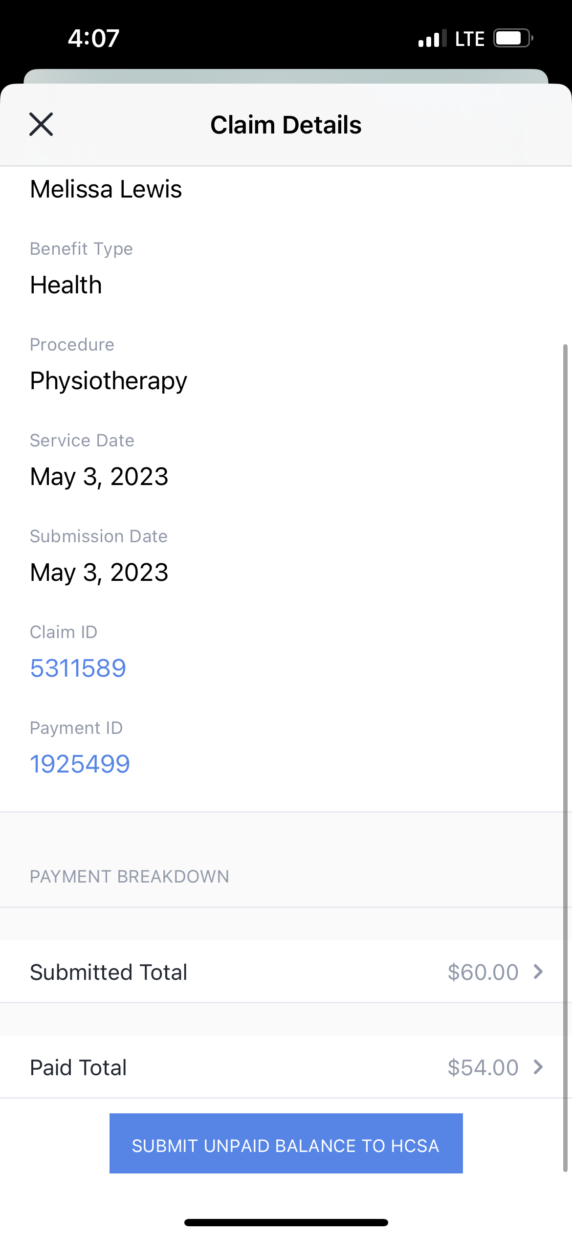 Image showing the submit unpaid balance to HCSA button.
