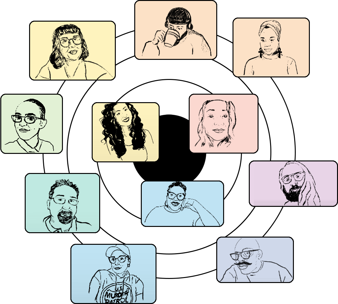 Screens of twelve people of diverse disabilities and identities, against faded rainbow colors, surround a center circle and connecting rings