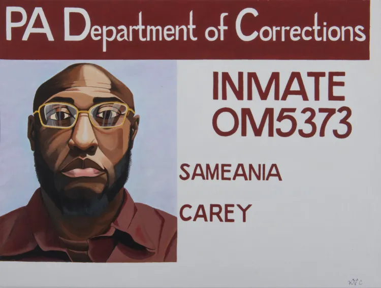 P A department of corrections card, inmate O M 5 3 7 3 Sameania Carey, painting of an African American Trans-male with glasses and a beard, artwork