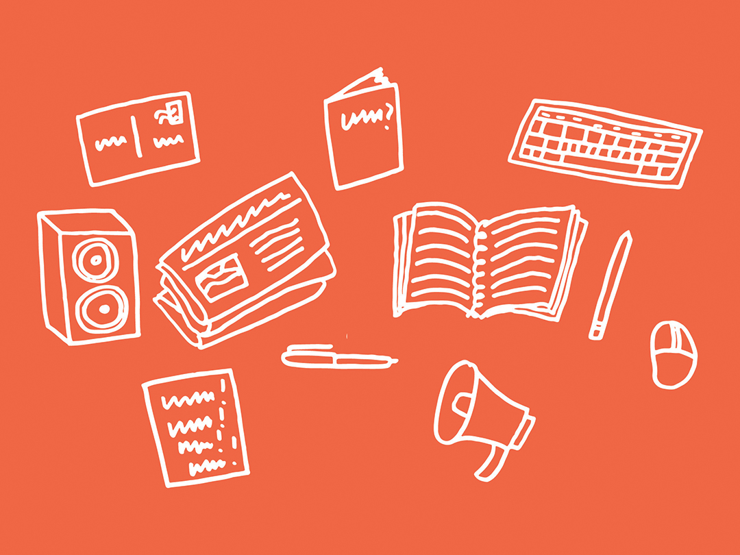 Line art drawing of multi-media items, post card, speaker, newspaper, books, a megaphone, keyboard, mouse, pencil and pen, white lines on orange