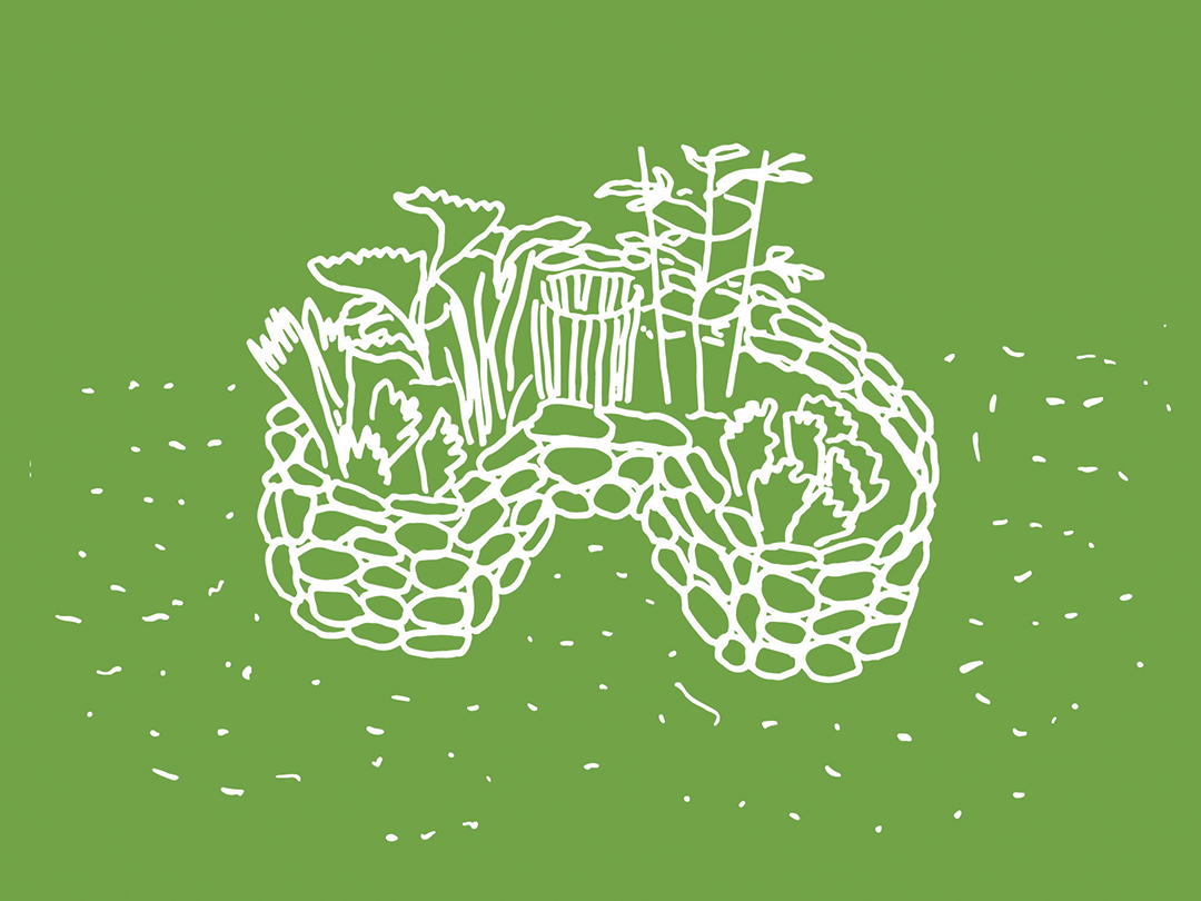 Line art drawing of a keyhole raised garden on stones, white lines on green