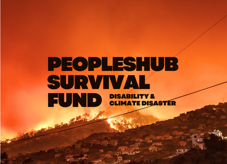 PeoplesHub survival fund, disability and climate disaster, against a wild fire on the hills of a city