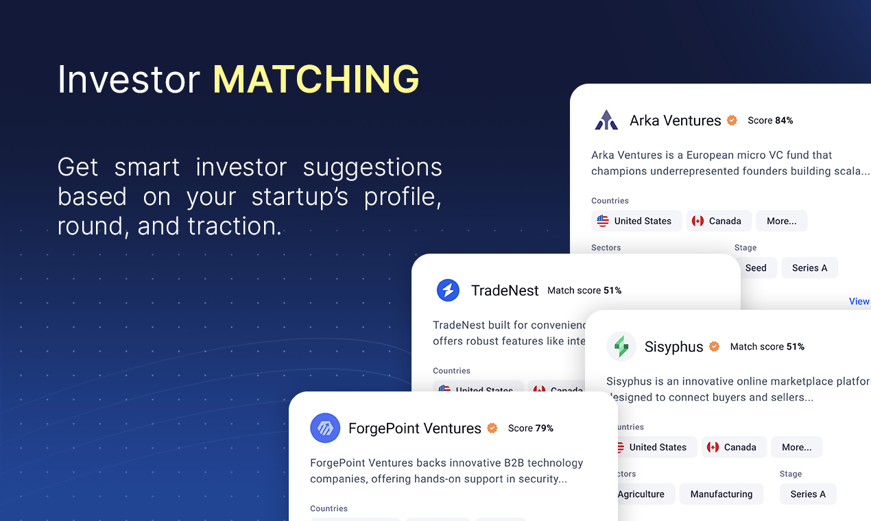 FE Capital investor matching interface showing AI-powered investor suggestions with match scores