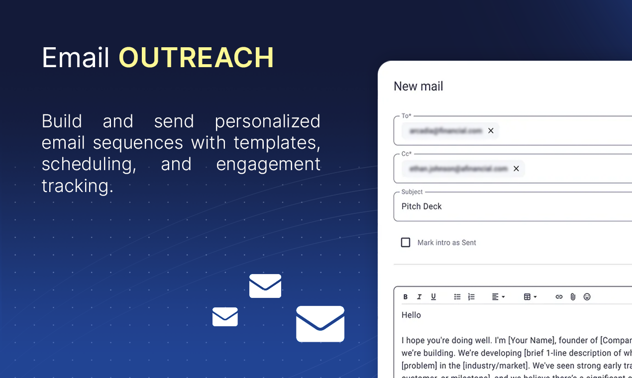 FE Capital email outreach interface showing a new mail draft for sending a pitch deck. The feature highlights personalized templates, automated scheduling, and engagement tracking for investor outreach.